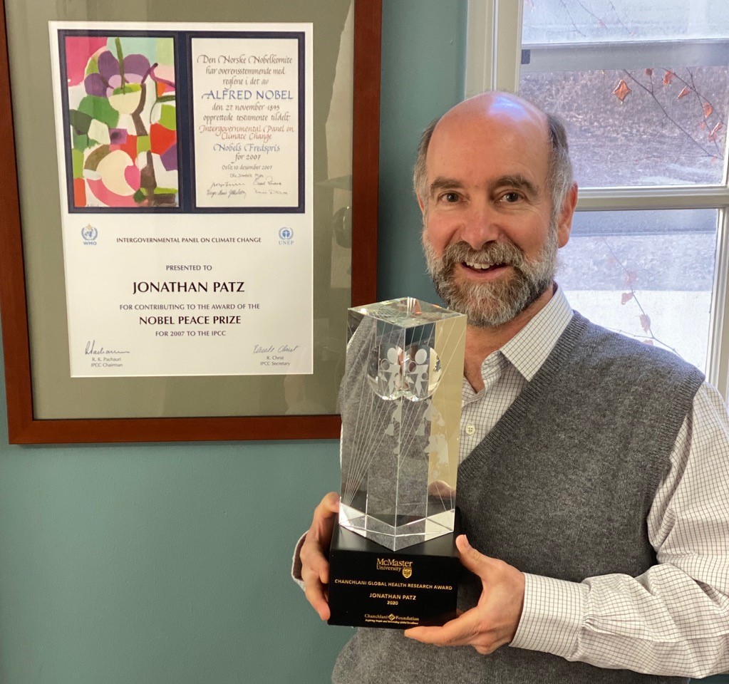 Dr. Jonathan Patz with his Nobel prize and 2020 Chanchlani Global Health Research Award.