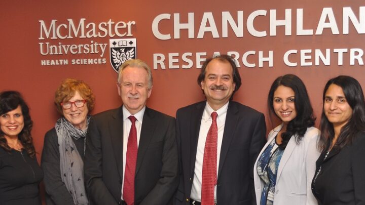 Jaya Chanchlani, Andrea Baumann, Paul O'Byrne, John Ioannidis, Tina Chanchlani and Sonia Anand at the Chanchlani Research Centre.